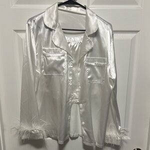 Satin Feather Trim Pajama Top - White